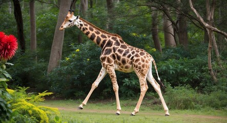 Obraz premium A vibrant spotted giraffe strolling through a dense forest with bright flora around