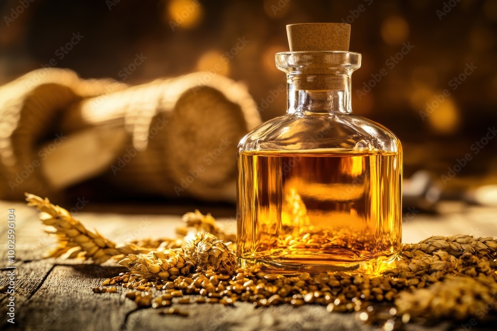 Poster Close-up view of a whiskey bottle placed on a rustic wooden table surrounded by grains and warm atmospheric lighting. Generative AI