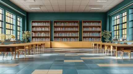 A welcoming library with large windows, wooden bookshelves filled with books, and cozy tables for reading and studying