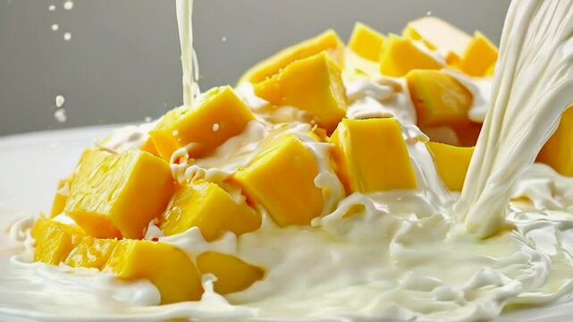 Pouring milk, yogurt, or cream into mango cube slices.