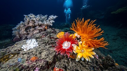 Obraz premium Underwater Sea Life Colorful Coral and Anemones on a Rocky Reef