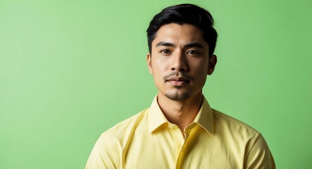 Obraz premium Calm Hispanic male model in a pale yellow shirt on a bright green background