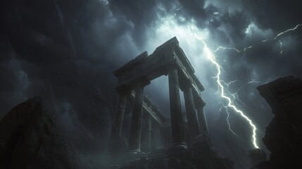 Majestic Zeus Temple Under Stormy Skies - Dramatic Scene of Lightning Striking Ancient Columns