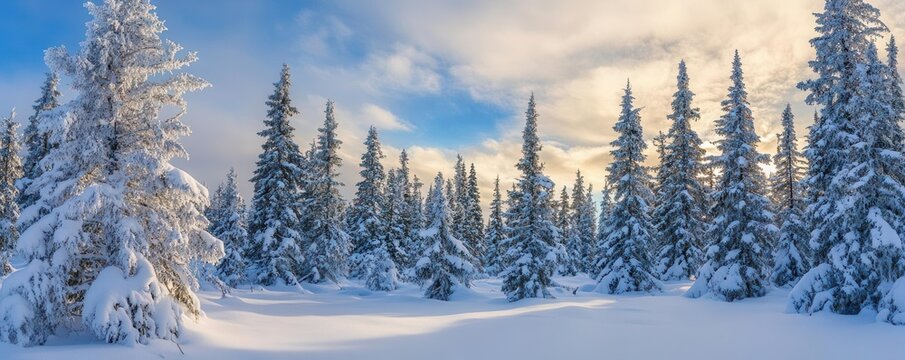 Snow-covered trees in a serene winter landscape scene.