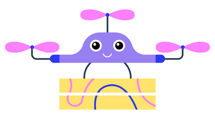 Cute drone robot delivering goods, pizza, dinner, flat vector