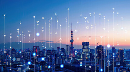 City skyline at dusk with digital icons representing IoT. Blue gradient background. Concept of global connectivity technology