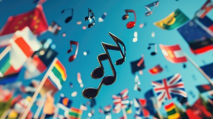 Obraz premium High-res photograph of floating music notes surrounded by flags from around the world, celebrating International Music Day and the power of music to unite cultures.