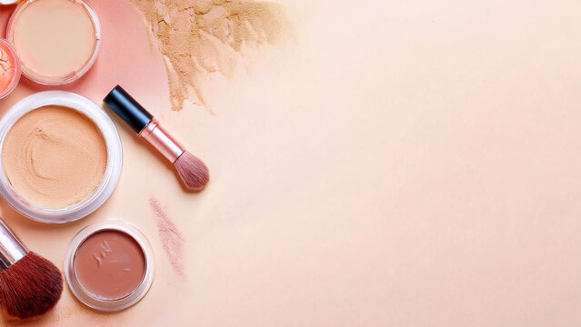 Maquiagens vista do alto, l&aacute;pis maquiagem, batom, p&oacute;. Fundo claro com espa&ccedil;o para escrita. Make, beleza, embelezamento. Cores pasteis, tons claros. Suavidade. Suave,