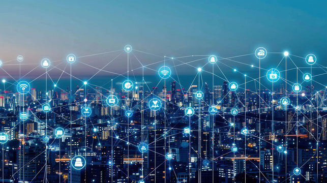 City skyline at dusk with digital icons representing IoT. Blue gradient background. Concept of global connectivity technology