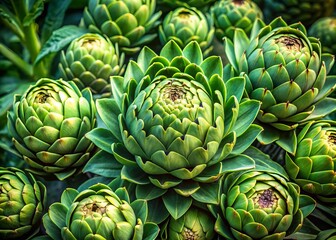 Fototapeta premium Lush green artichoke plants flourish in the garden, adorned with vibrant leaves and promising buds, creating a stunning
