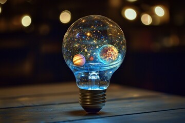 A lightbulb filled with a miniature galaxy, where stars and planets orbit inside the glass, glowing softly and giving the sense that ideas are as vast as the universe