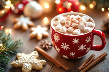 Red mug full of hot chocolate with marshmallows, surrounded by christmas decoration and cookies on wooden table