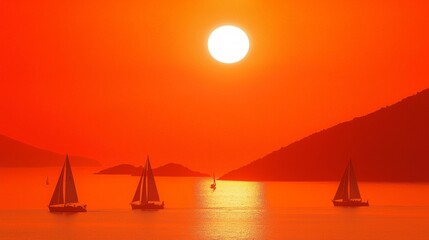 Fototapeta premium Serene Sunset over the Aegean: Sailboats, Distant Island Silhouette, Tranquil Seascape View