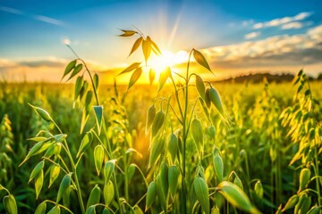 Obraz premium Lush green field alive with fresh, vibrant oat leaves shimmering under the warm embrace of bright natural sunlight,