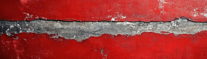 Obraz premium Close-up of a red and gray weathered wall with a crack