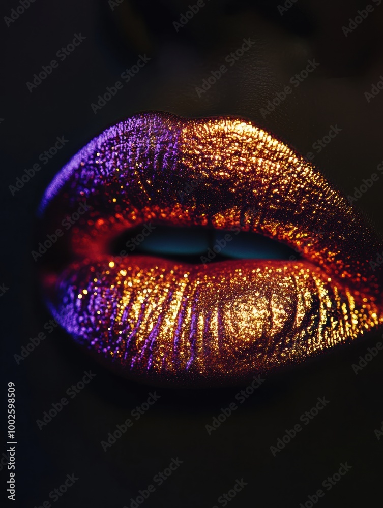 Poster glassy, vibrant lips with a shimmering finish showcasing a striking beauty detail in a close-up view