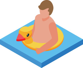Isometric icon of a young man enjoying his time relaxing on an inflatable duck ring in a swimming pool