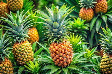 Fototapeta premium Lush pineapple bush adorned with vibrant, glossy leaves and ripe tropical fruits, thriving in a natural outdoor setting