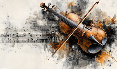  Artistic Violin with Musical Notes and Abstract Background
