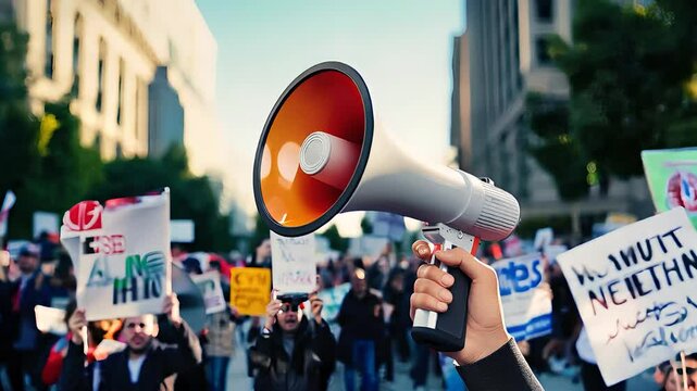 Protesters Holding Signs and Megaphone at Public Demonstration
