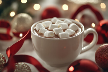 White cup full of hot chocolate with marshmallows is standing on a white table with christmas...