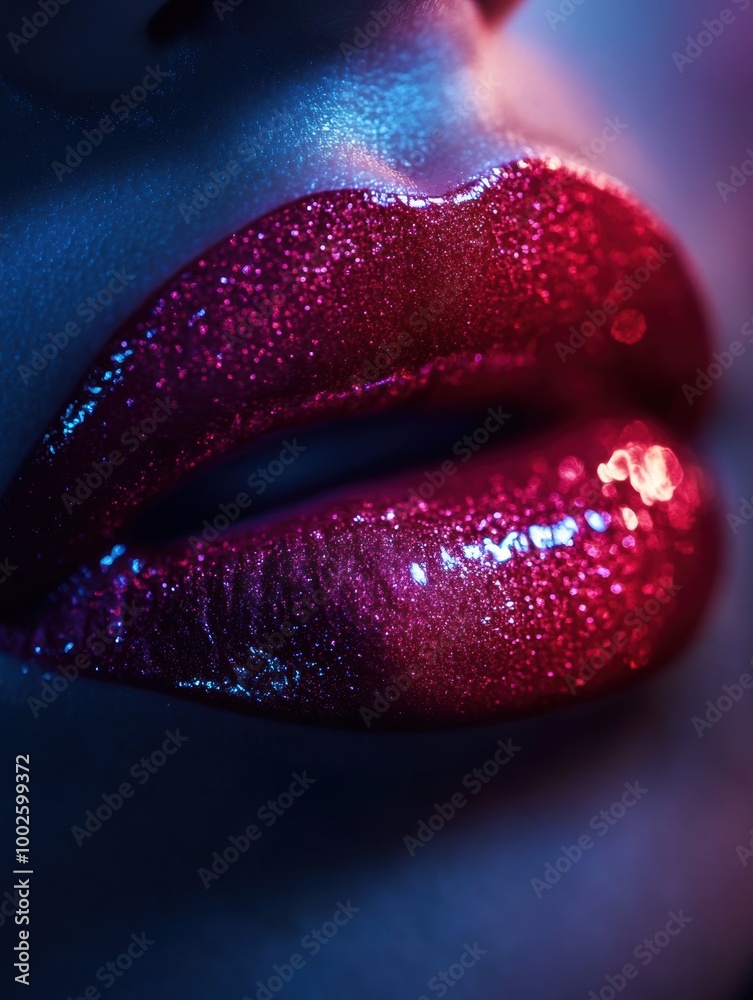 Poster close-up of vibrant glossy lips with a shiny finish under artistic lighting in a contemporary settin