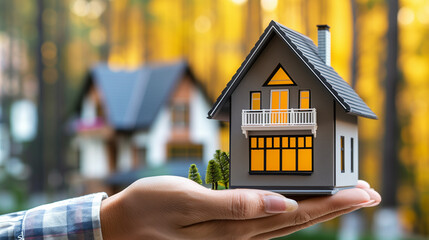 Middle-Class Home Search Metaphor, Hand Offering House Model, Real Estate Service Representation