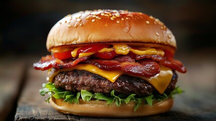 A mouthwatering cheeseburger topped with crispy bacon and fresh vegetables served on a rustic wooden table