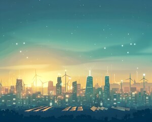 Obraz premium Futuristic City Skyline with Renewable Energy Sources at Dusk