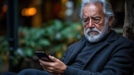 An older man with a beard is attentively looking at his smartphone, surrounded by greenery, during a quiet evening moment