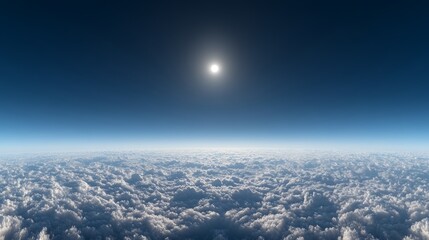 A panoramic sky above sparse clouds, deep blue with a tiny bright sun