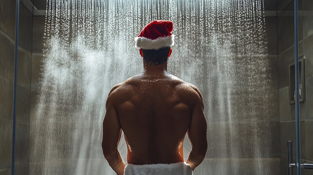 In a warm, inviting bathroom, a man wearing a Santa hat enjoys a refreshing shower while water pours down around him