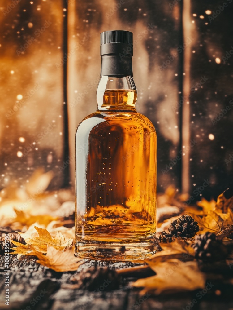 Aufkleber a close-up view of an amber whiskey bottle surrounded by autumn leaves and pine cones on a rustic wo