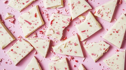 Delicious white chocolate peppermint bark pieces scattered on a vibrant pink surface, perfect for holiday desserts and treats