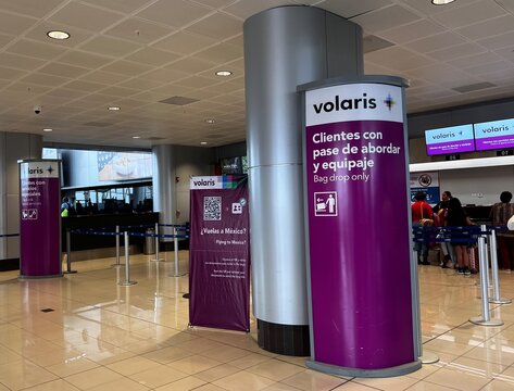 San Jose, Costa Rica - June 29 2024: Volaris Airlines check in area at San Jose International Airport in Costa Rica