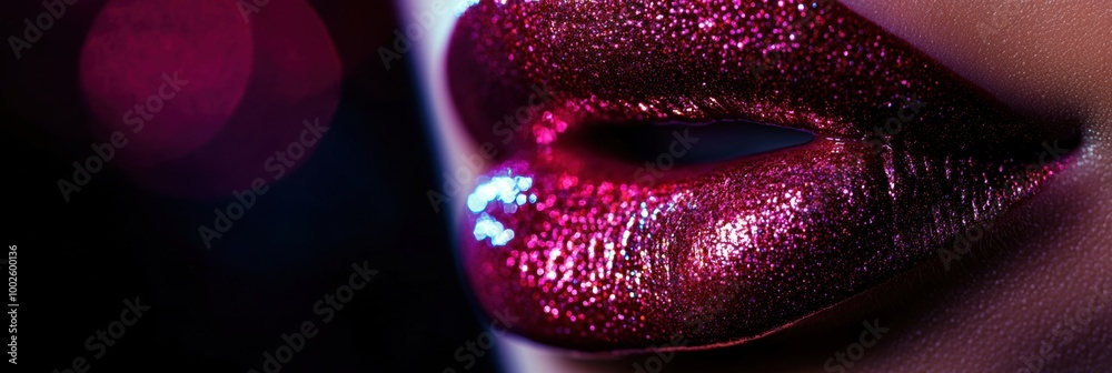 Poster close-up of glossy lips showcasing a vibrant, shiny finish in a dimly lit setting during an evening 