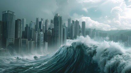 Massive Tidal Wave Engulfing Coastal Cities Buildings Collapsing Under Pressure Concept