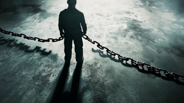 A lone figure stands in a dim room, chained to the floor, their silhouette illuminated by a single beam of light
