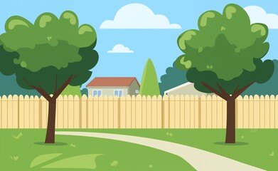 a cartoon drawing of a backyard with a fence and trees