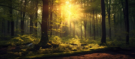 Obraz premium Sunrays Illuminating a Misty Forest