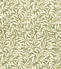  pattern of stylized green leaves on white background.