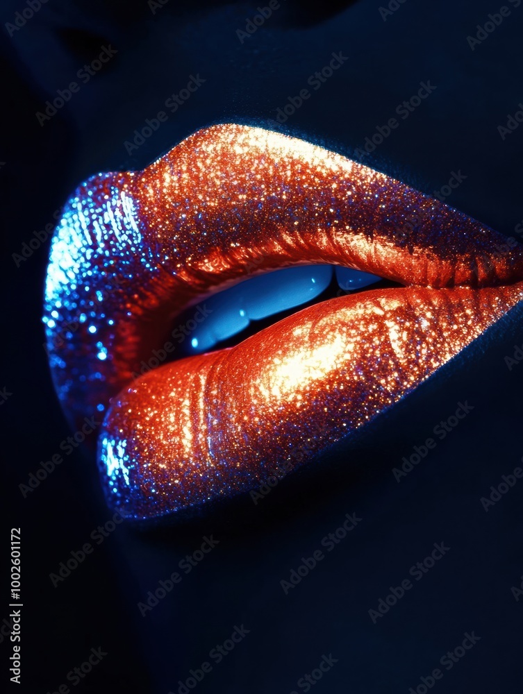 Poster close-up of glossy, shiny lips with vibrant sheen against a dark background, showcasing a bold color