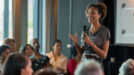 A Woman Speaking into a Microphone at a Conference