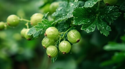 Fototapeta premium Fresh green gooseberries on a branch glistening with droplets in a lush, vibrant garden during a sunny afternoon