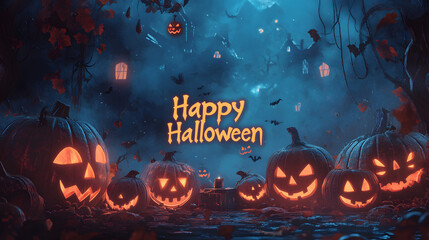 Fototapeta premium Happy Halloween illustration, simple background with pumpkins and ghosts. celebration banner for october and the creepy holidays