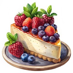 Vegan Cheesecake with A slice of creamy vegan cheesecake topped with fresh berries and a mint garnish.