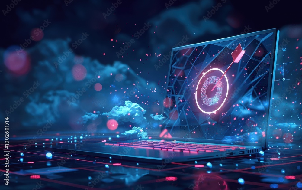 Poster laptop displaying a digital target with a red arrow hitting the bullseye