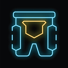 Glowing neon line icon of protective sportswear is isolated on a black background