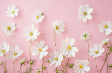 White Cosmos Flowers on a Pink Background