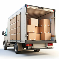 rear back view of truck full of cardboard box pack on white background